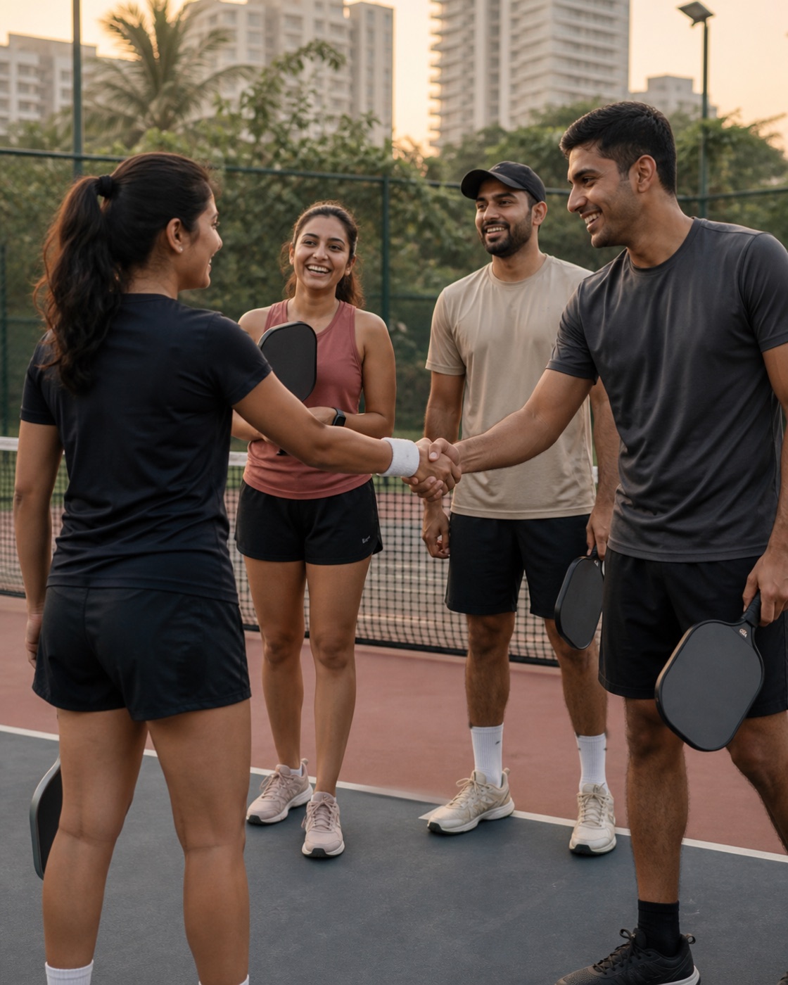 Four friends meeting for a pickleball game in India